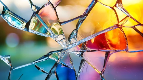 Close-up of shattered glass with vivid colored reflections.