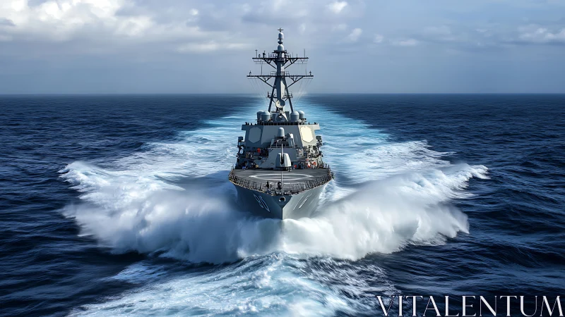 Naval destroyer advances through open sea at cruising speed