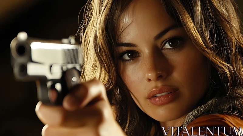 Determined woman aims handgun in intense cinematic close-up.