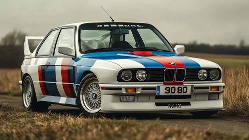 Classic white coupe with tri-color racing livery on rural road.