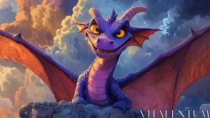 Vibrant purple dragon perched on rocky ledge at sunset sky