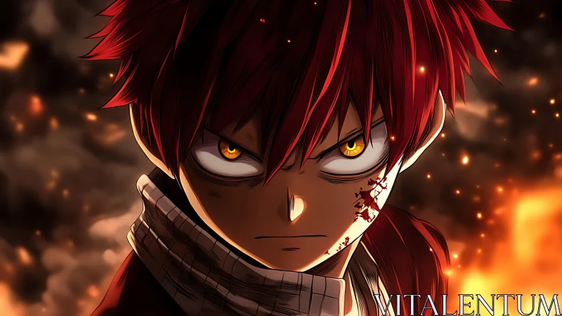 Intense anime portrait with dynamic lighting and ember particles