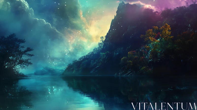 Mythic mountain lake under iridescent cosmic sky.