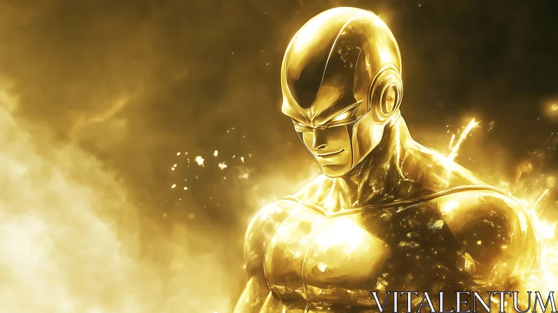 Golden humanoid figure stands in luminous, high-contrast environment