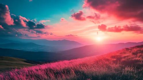 Chromatic gradient sunset over hyperreal alpine ridgeplain.