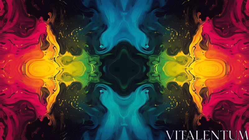 Symmetrical neon fluid waves converge across dark field