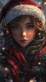 High-detail winter portrait of red-cloaked girl in snowfall.