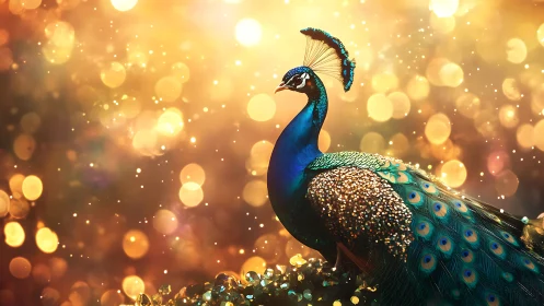 Vibrant peacock against glowing golden bokeh lights.