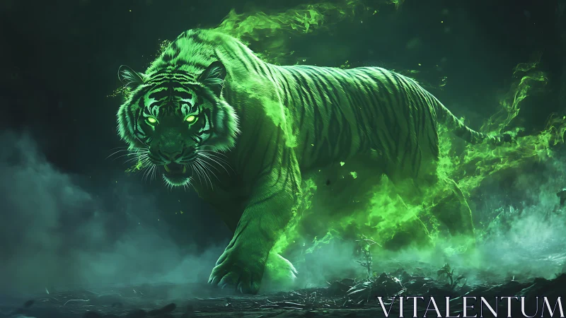 Ghostly neon tiger strides through glowing emerald mist