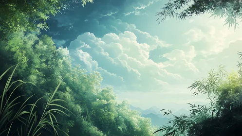 Luminous bamboo valley under stratocumulus summer sky.