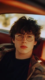 Young person with glasses in warm car interior portrait.