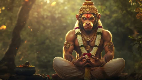 Monkey-headed deity sits cross-legged in forest clearing