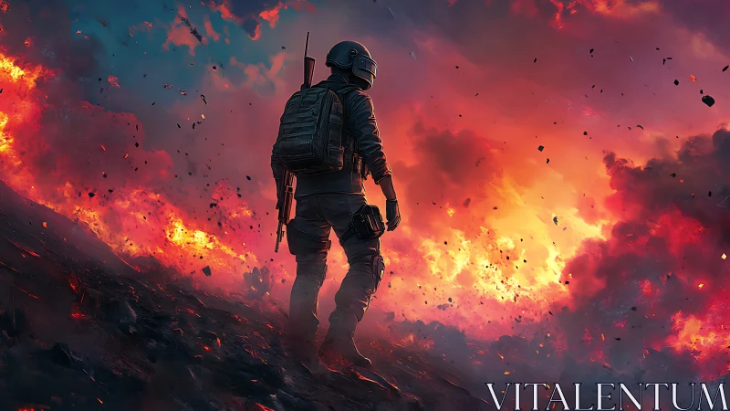 Helmeted lone soldier over blazing apocalyptic battlefield.