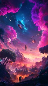 Neon frontier skies and starfall cruisers above ember valley.