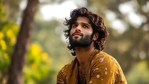 Sunlit shallow-depth portrait of man in mustard floral shirt.