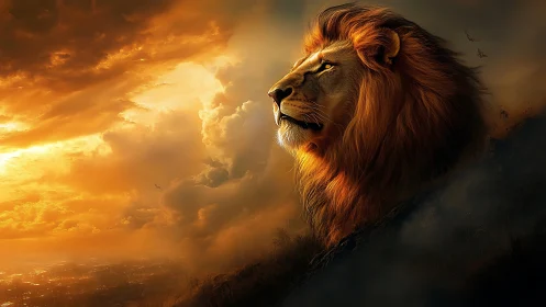 Majestic lion profile against dramatic golden storm clouds.