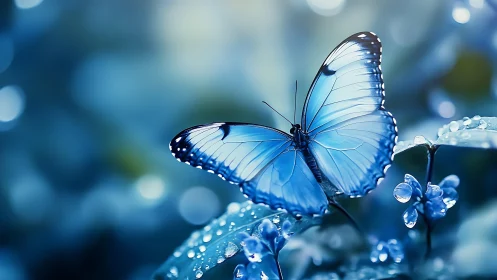Blue butterfly rests on dewy leaves in a dreamy twilight garden