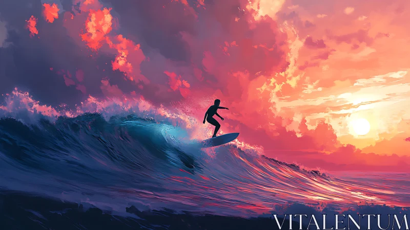 Surfer silhouette riding neon sunset ocean swell painting.