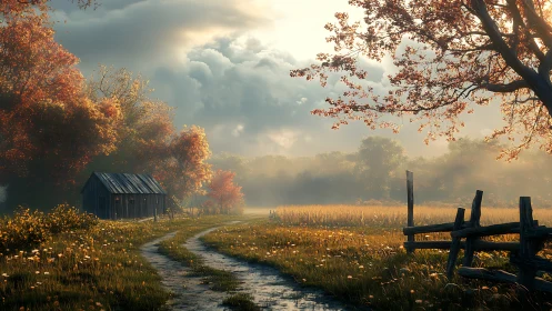 Rural dirt road with small shed and autumn foliage at dawn.