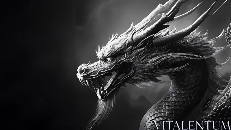 Monochrome side profile of detailed horned dragon head.