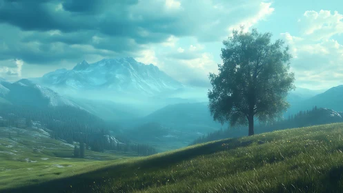 Solitary hillside tree anchors atmospheric alpine valley vista