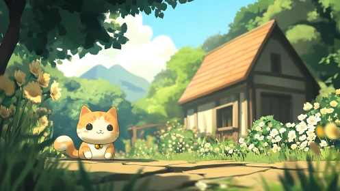 Sunlit cottage kitten guarding a dreamy flower path home.