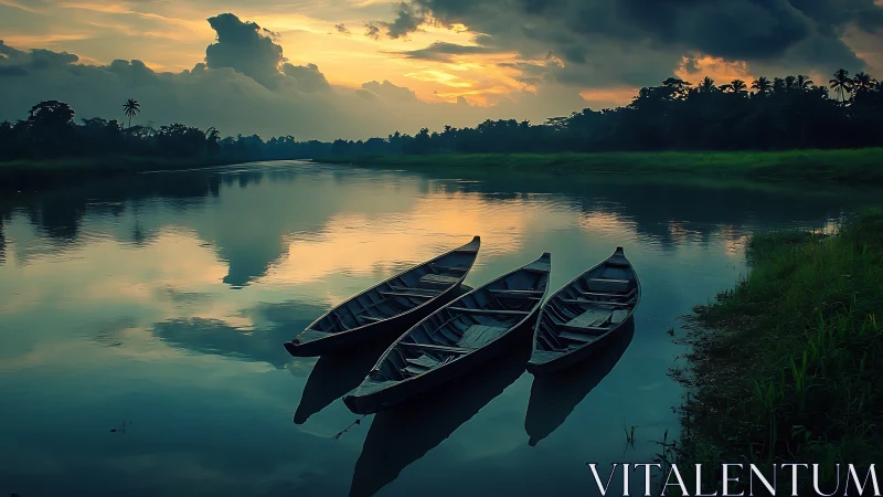 River boats moored in reflective sunset low-key landscape.