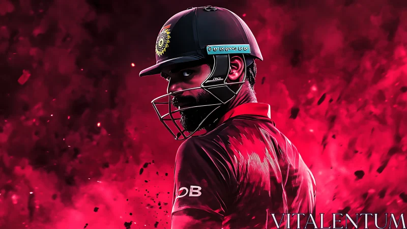 Cricket batter in helmet against intense red background.