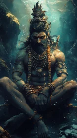 Mythic ascetic warrior in deep underwater meditation pose.