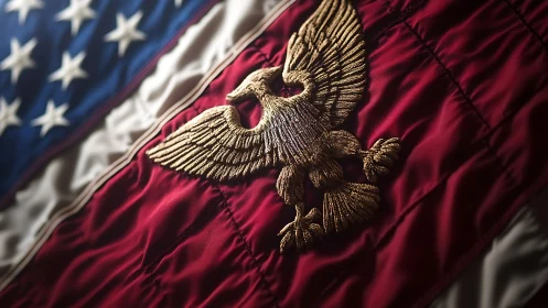 Stitched golden eagle soars proudly across rippling stripes