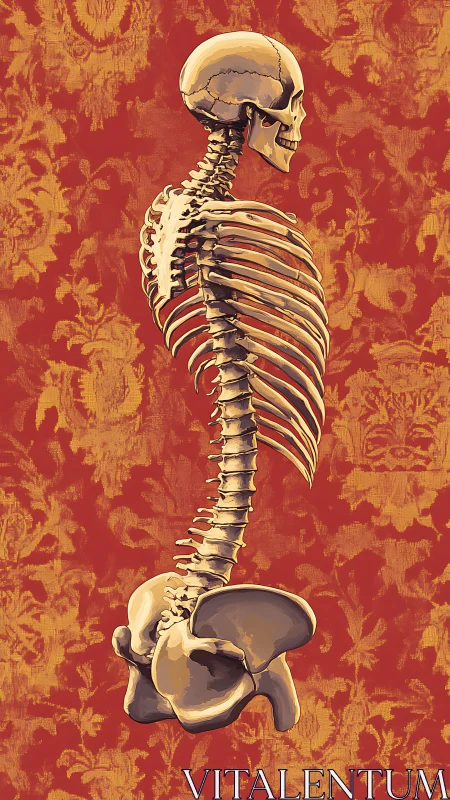 Side-view human skeleton spine over ornate red field.