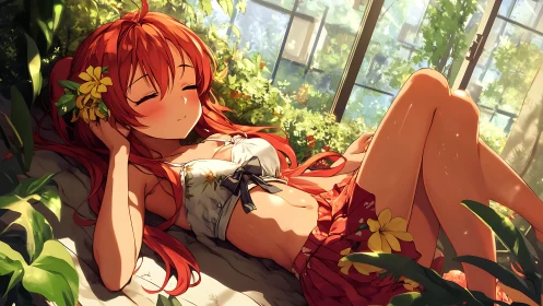 Sun-drowsy redhead dreaming in a lazy greenhouse glow.