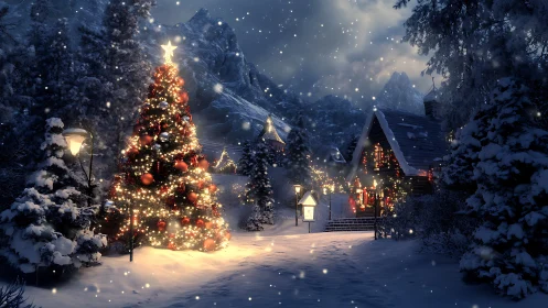 Snowy mountain village lane with illuminated Christmas tree at dusk