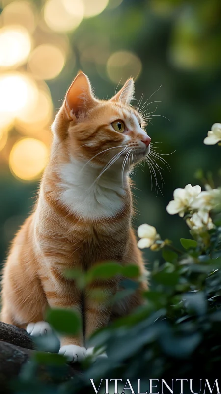Ginger Tabby Cat Amid White Blossoms With Bokeh Lighting