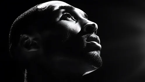 High-contrast side-lit portrait isolates facial structure in darkness