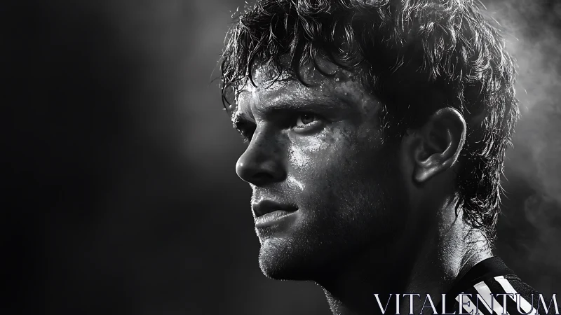 Sweat covered male athlete in dramatic side profile portrait.