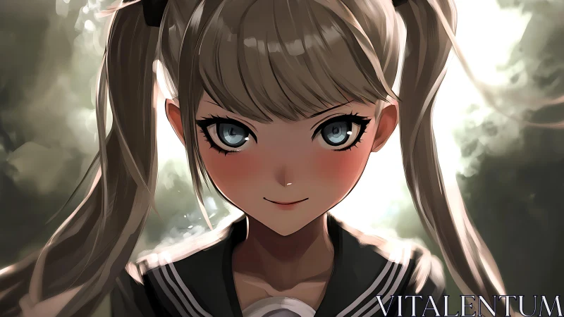 Stormlit schoolgirl meets the camera with luminous resolve