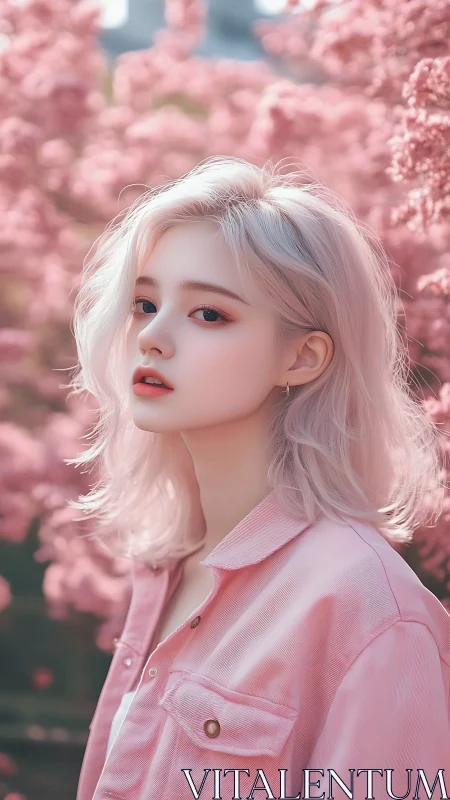 Pastel-haired portrait in soft pink floral bokeh field.