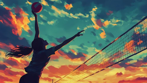 Sunset volleyball spike in vivid painterly silhouette.