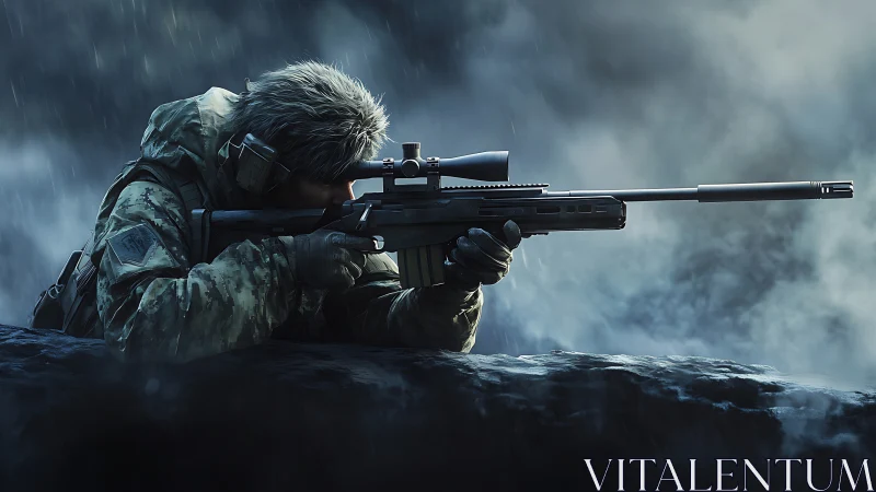 Sniper in Rain: Tactical Combat Position with Precision Rifle.
