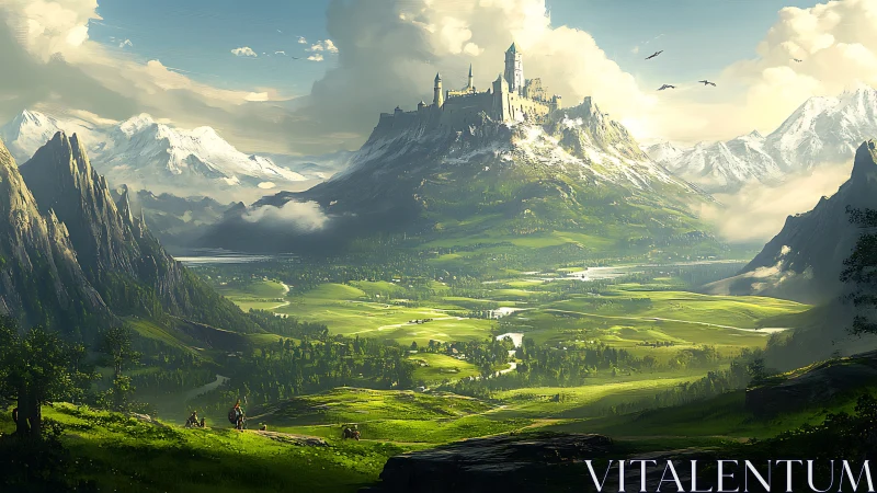 Sunlit valley kingdom crowned by a distant hilltop castle.
