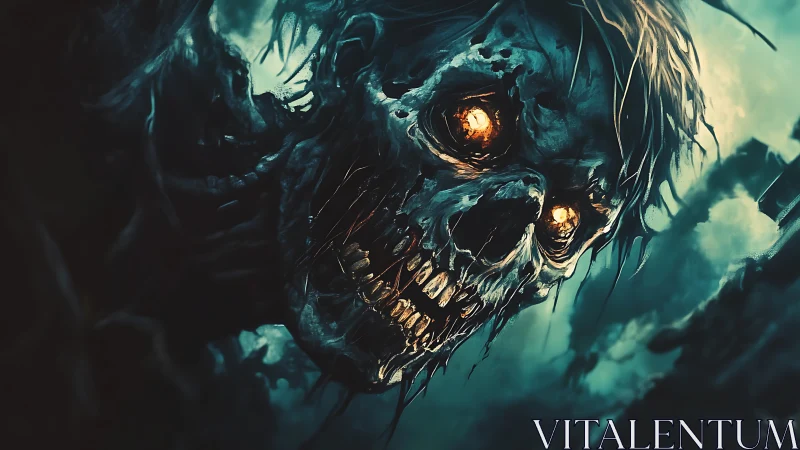 Haunting undead skull gazes with eerie, fiery glowing eyes