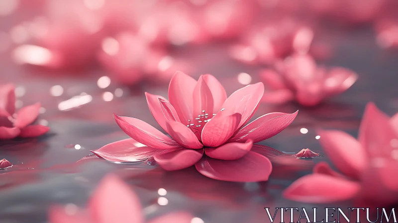 Pink lotus flower rendered in 3D with water surface reflections and bokeh elements