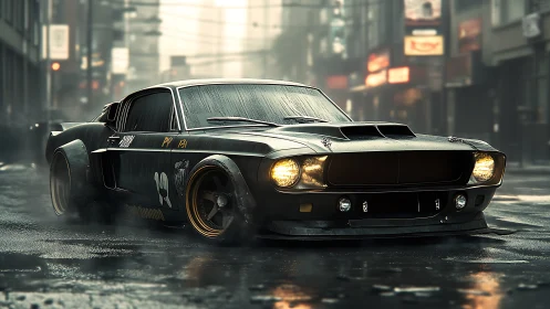 Modified classic muscle car on wet urban street at dusk.