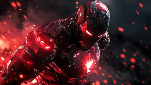 Crimson armored cyborg surges through embers in dynamic motion.