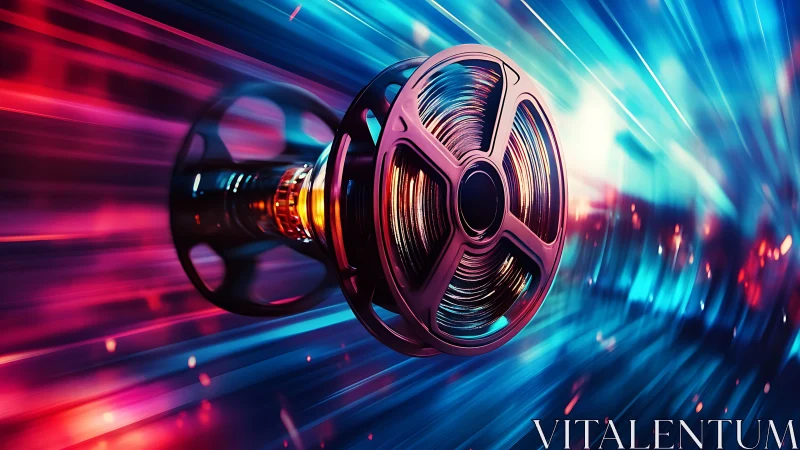 High-speed film reel spins through neon cinematic light trails