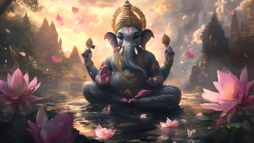 Lotusborn elephant deity glows in misty temple sunrise.