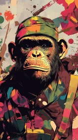 Battle-hardened chimp commander drenched in neon splatter.