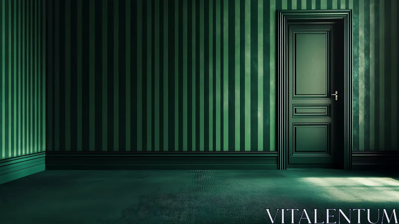 Emerald striped corridor quietly crowns a single waiting door
