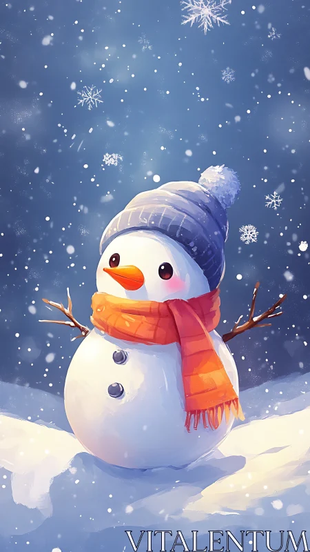 Snowman in orange scarf under drifting illustrated snowflakes